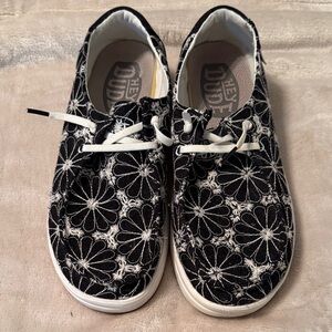 Hey Dude Black and White Floral Loafers
